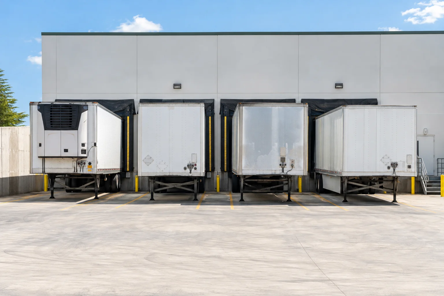 Four freight trailers backed into warehouse loading docks
