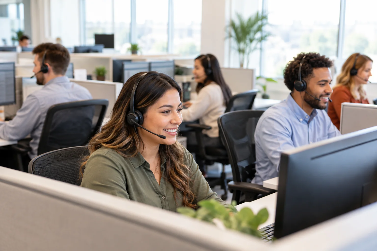 Customer service team wearing headsets at office cubicles