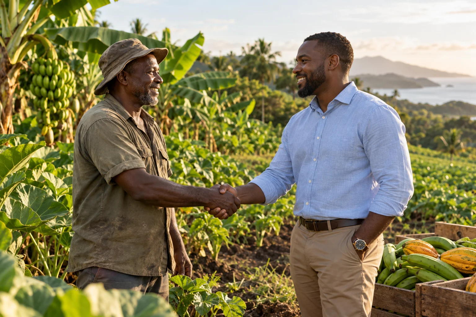 Farmer and business owner shaking hands beside a field