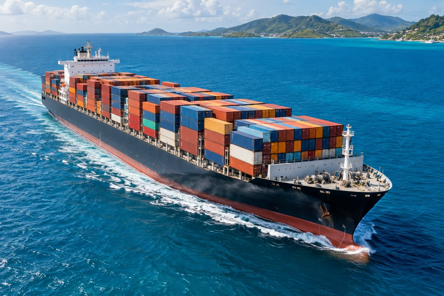 Shipping containers stacked on a cargo ship at sea